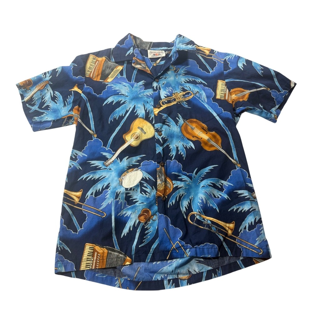 Vintage Pacific Legend Hawaiian Button Up Shirt M Blue Casual Musical Instrument